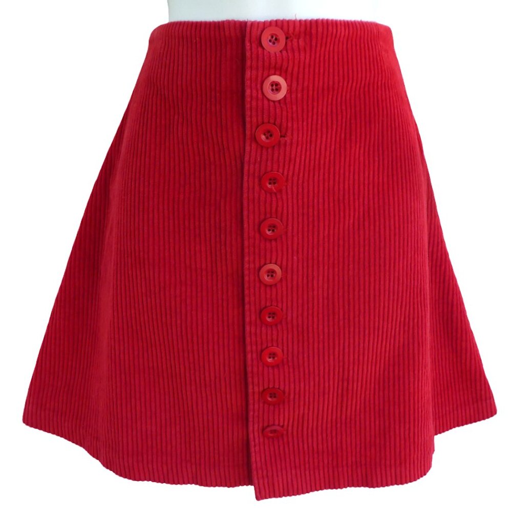 Vintage Compagnie Int'l Express RED Ribbed Corduroy Mini Skirt Full Button A-Lin